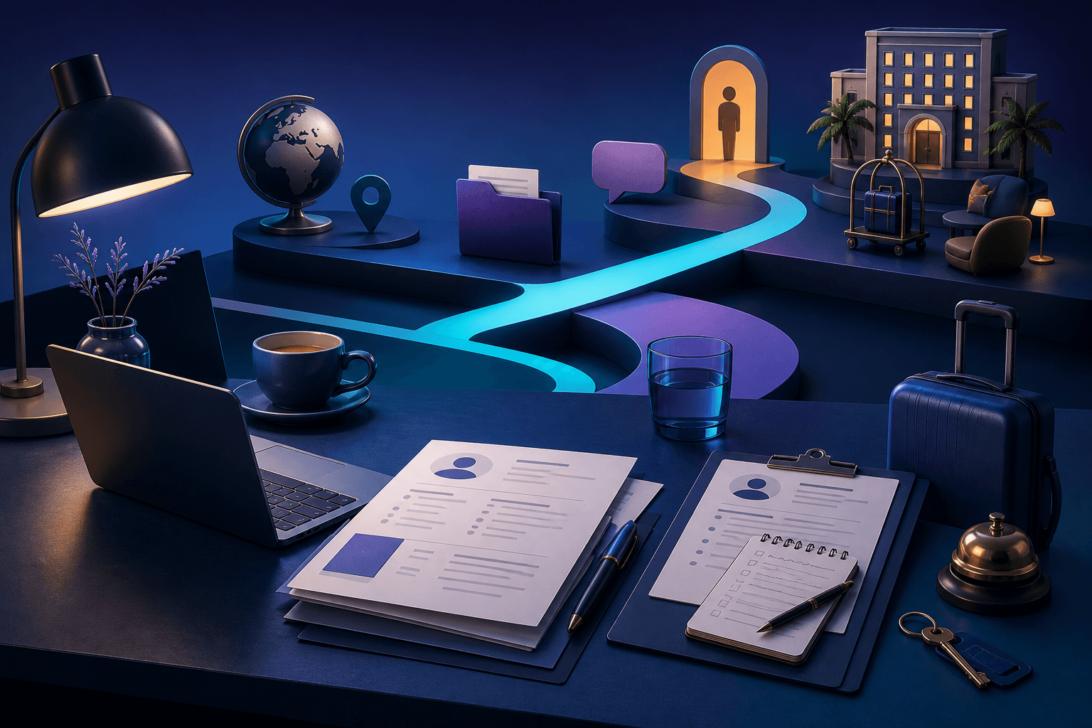 Editorial illustration for a guide on how to get a job at IHG Hotels & Resorts, showing a professional workspace, resume pages, interview notes, and hospitality symbols in a dark blue and violet theme.