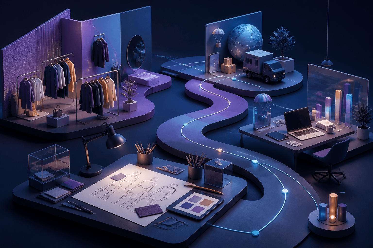 Editorial illustration for a guide on how to get a job at Inditex, showing retail, product, and technology hiring themes in a modern workplace scene.