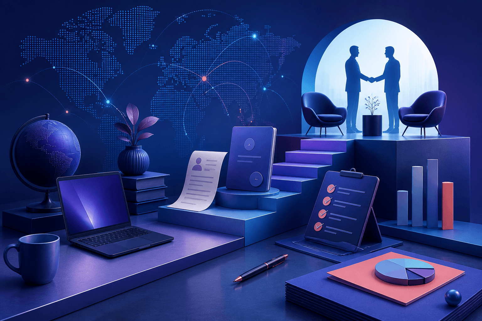 Editorial illustration for a guide on how to get a job at Infosys, showing a professional workspace with abstract hiring symbols, documents, and interview prep elements in dark blue, violet, and cyan.