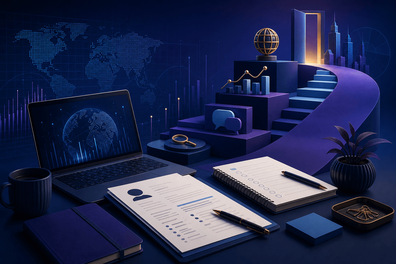 Editorial illustration for a guide on how to get a job at ING, showing a candidate workspace with resume pages, interview notes, a laptop, and abstract banking-themed shapes in a dark blue, violet, and cyan palette.
