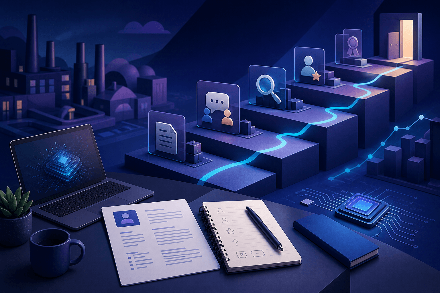Editorial illustration for a guide on how to get a job at Intel, showing a modern technical hiring journey with resume, interview, and workplace symbols.