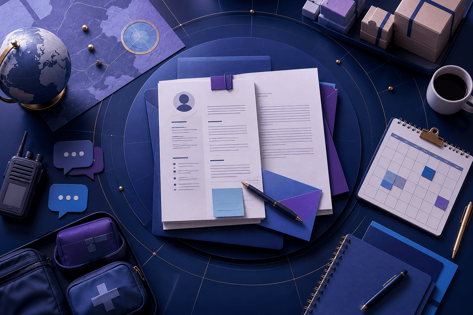 Editorial illustration for a guide on how to get a job at the International Committee of the Red Cross, showing a candidate-ready desk, resume pages, interview notes, and humanitarian work symbols in a dark blue and violet theme.