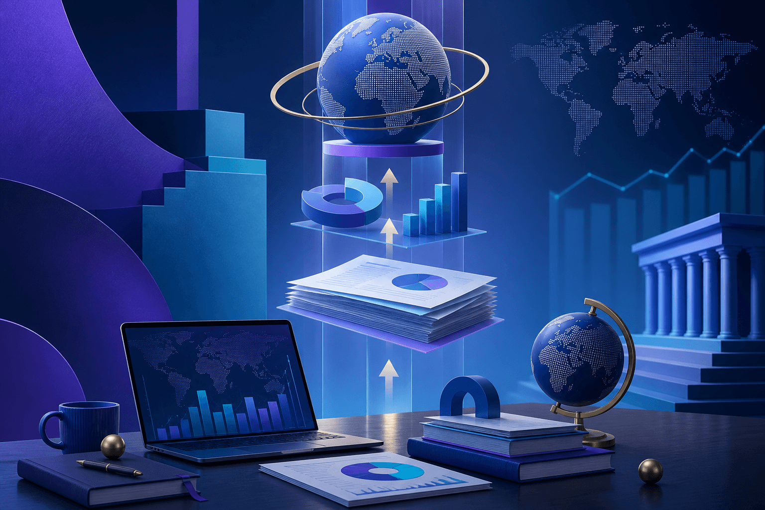 Editorial illustration for a guide on how to get a job at the International Monetary Fund, showing a modern workspace with documents, charts, a laptop, and global finance symbols.