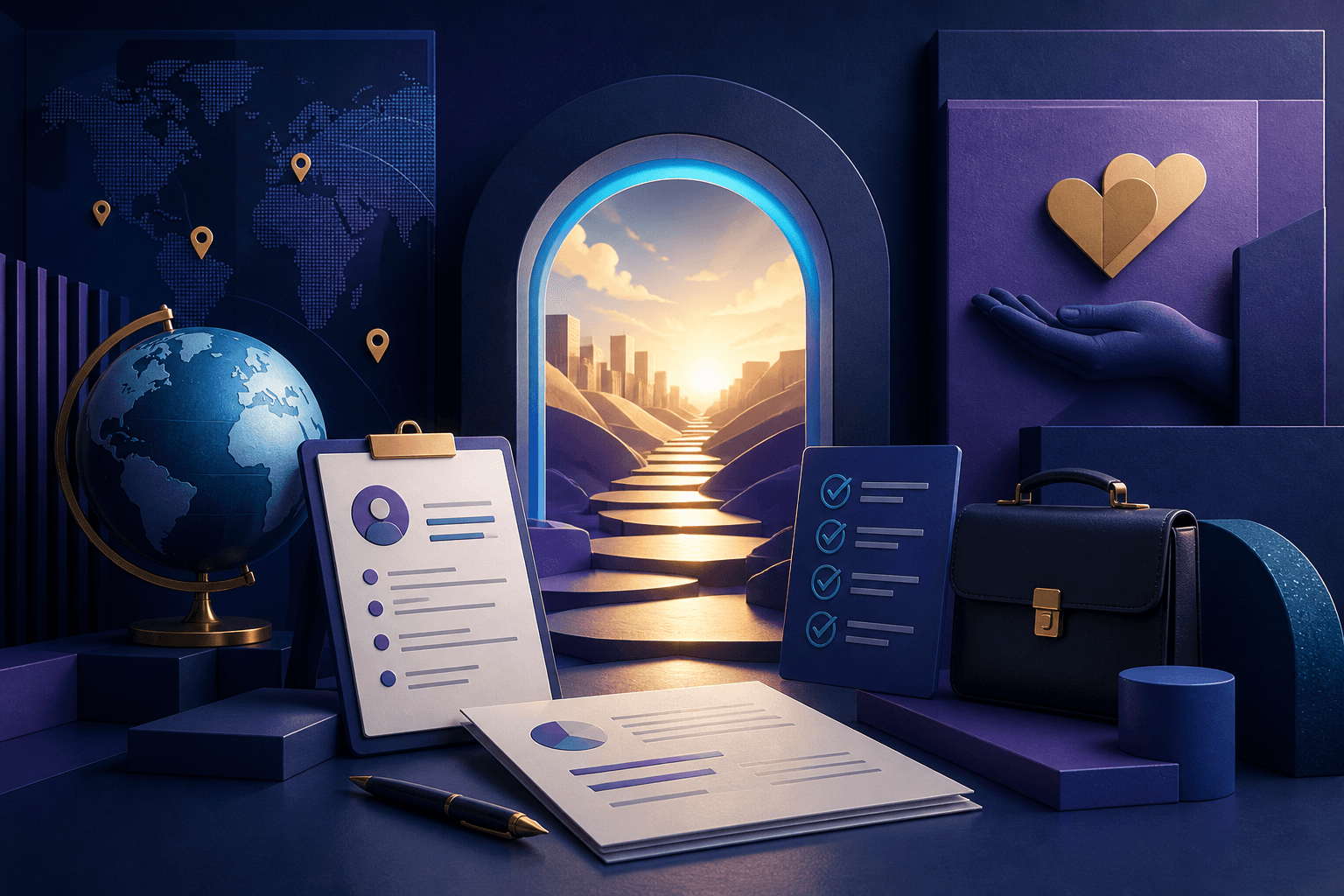 Editorial illustration for a guide on how to get a job at International Rescue Committee, showing a resume, interview notes, compass, and humanitarian work symbols in a modern dark blue and violet palette.