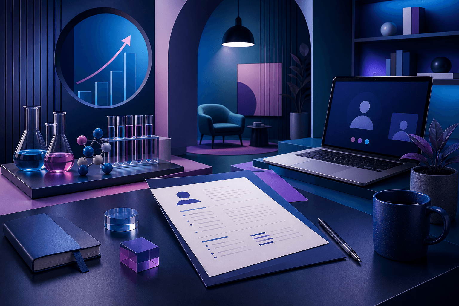 Editorial illustration for a guide on how to get a job at Johnson & Johnson, showing a healthcare hiring journey with resume, laptop interview, and workplace symbols.
