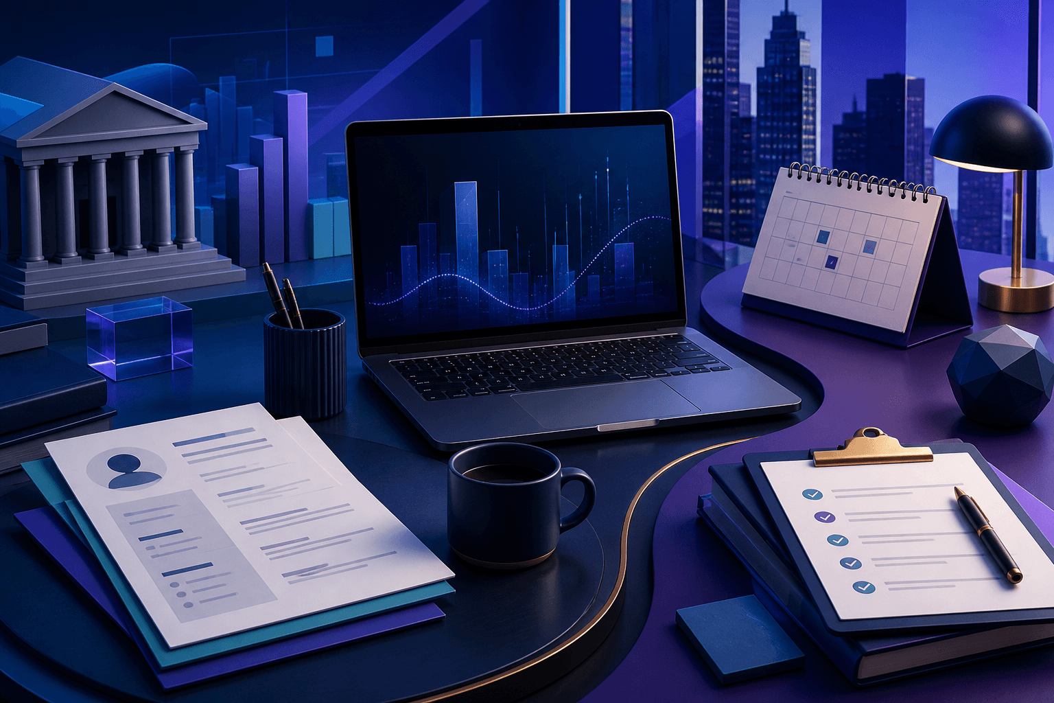 Editorial illustration for a JPMorgan Chase hiring guide showing finance and technology job-search materials, a laptop, resume pages, interview notes, and abstract office shapes in a dark blue and violet theme.