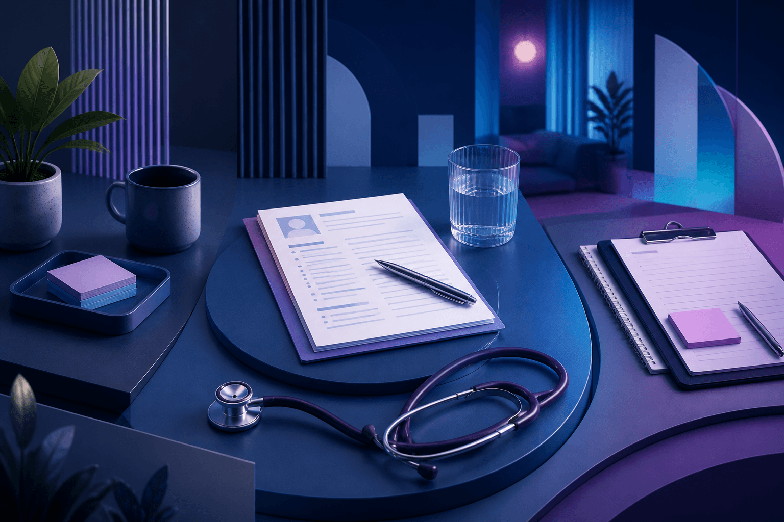 Editorial illustration of a healthcare hiring workspace with a resume, clipboard, interview notes, and abstract hospital-inspired shapes in dark blue and violet tones.