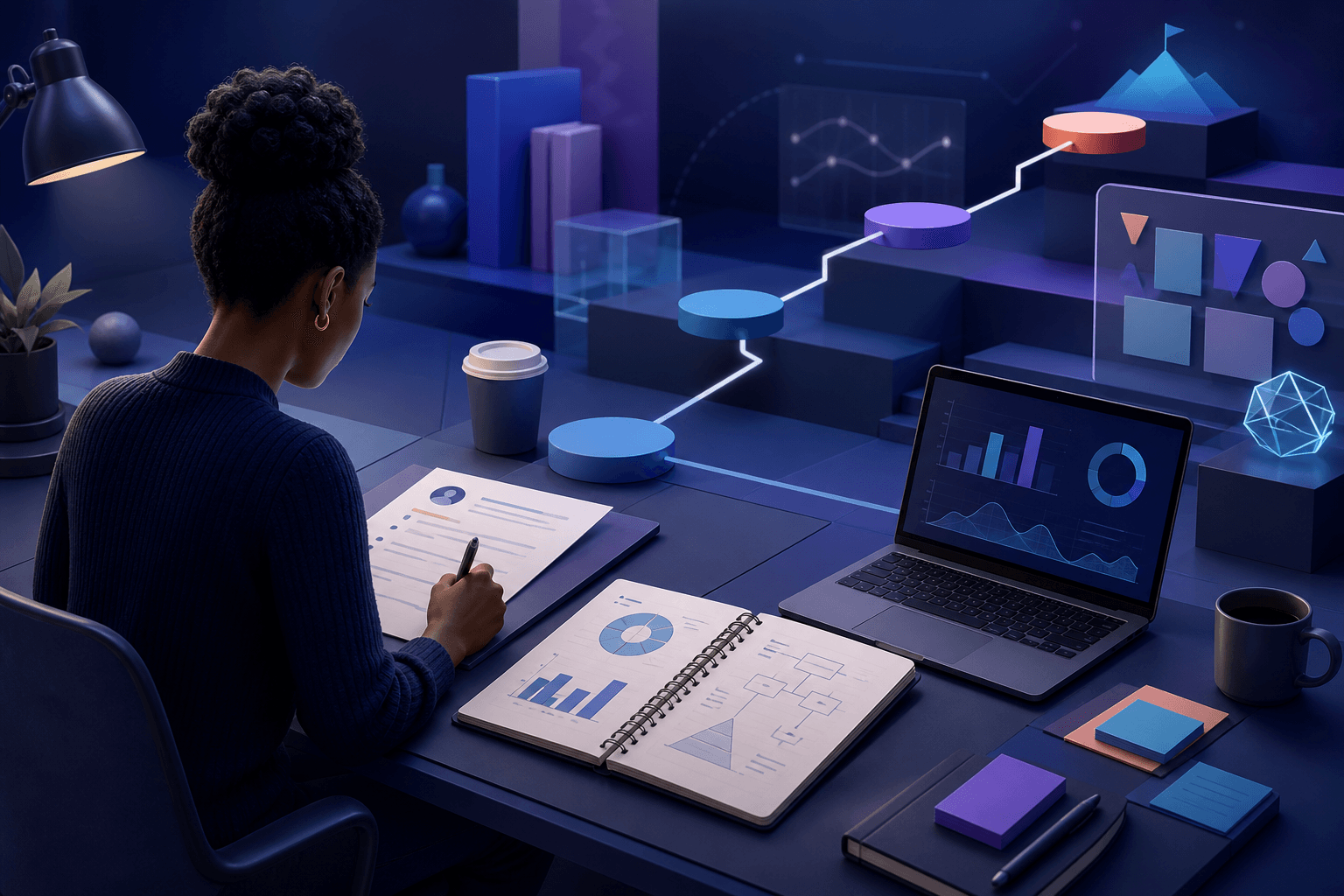 Editorial illustration for a guide on how to get a job at Kearney, showing consulting interview preparation, resume review, and problem solving in a modern workplace setting.