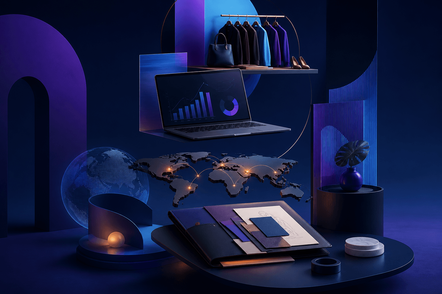 Editorial illustration for a guide on how to get a job at Kering, showing a modern luxury workplace scene with abstract retail, digital, and corporate elements.