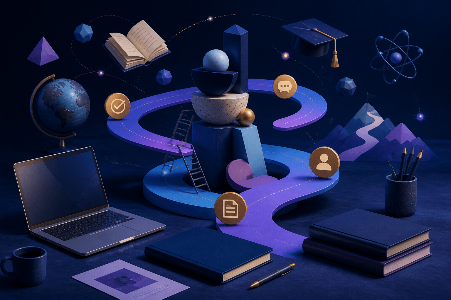 Editorial illustration for a guide about getting hired at Khan Academy, showing a modern workspace with abstract education and technology motifs.