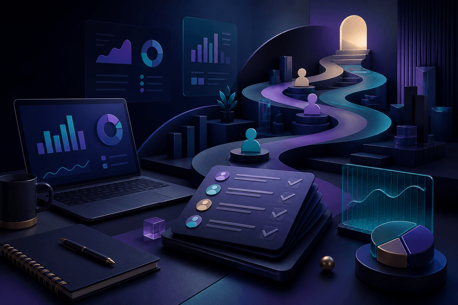Modern editorial illustration for a Klarna hiring guide, showing a fintech workplace concept with abstract charts, laptop, notebook, and connected team icons in a dark blue and violet palette.
