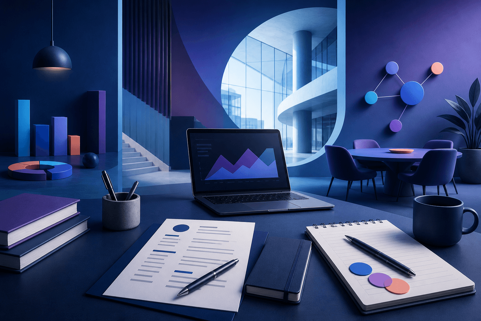Editorial illustration for a guide on how to get a job at KPMG, showing a candidate resume, interview notes, and office symbols in a modern dark blue and violet style.