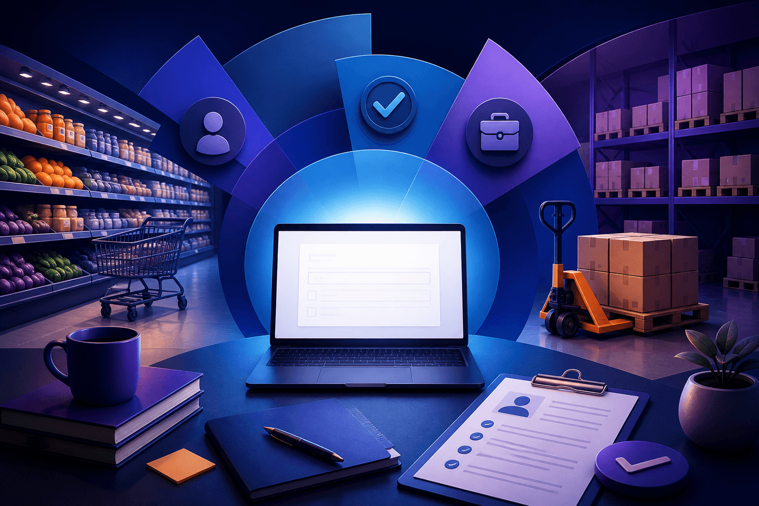 Editorial illustration for a guide on how to get a job at Kroger, showing retail, warehouse, and corporate hiring themes in a dark blue and violet style.