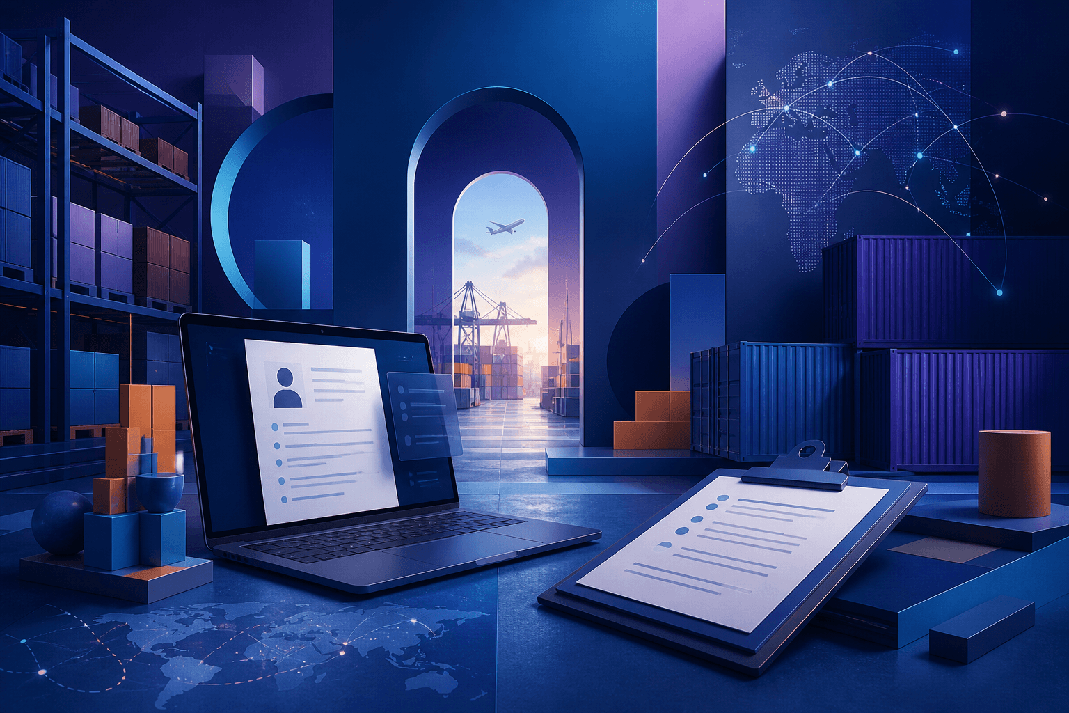 Editorial illustration for a Kuehne+Nagel hiring guide showing logistics and career-search elements in a modern workplace scene.