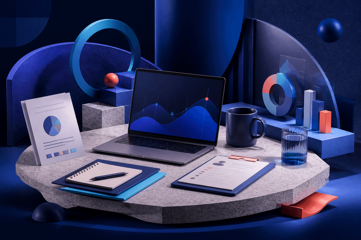 Editorial illustration for a job guide about L.E.K. Consulting hiring, showing a modern consulting workspace with case interview materials, charts, laptops, and abstract geometric shapes in dark blue, violet, and cyan.