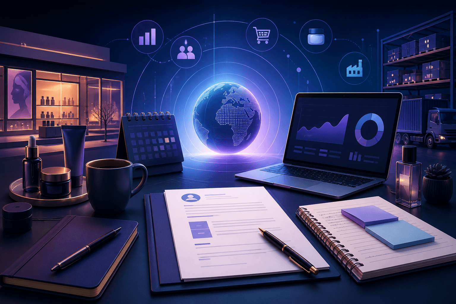 Editorial illustration of a job seeker preparing for a L'Oréal application, with resume documents, interview notes, and retail and operations icons on a dark blue and violet background.
