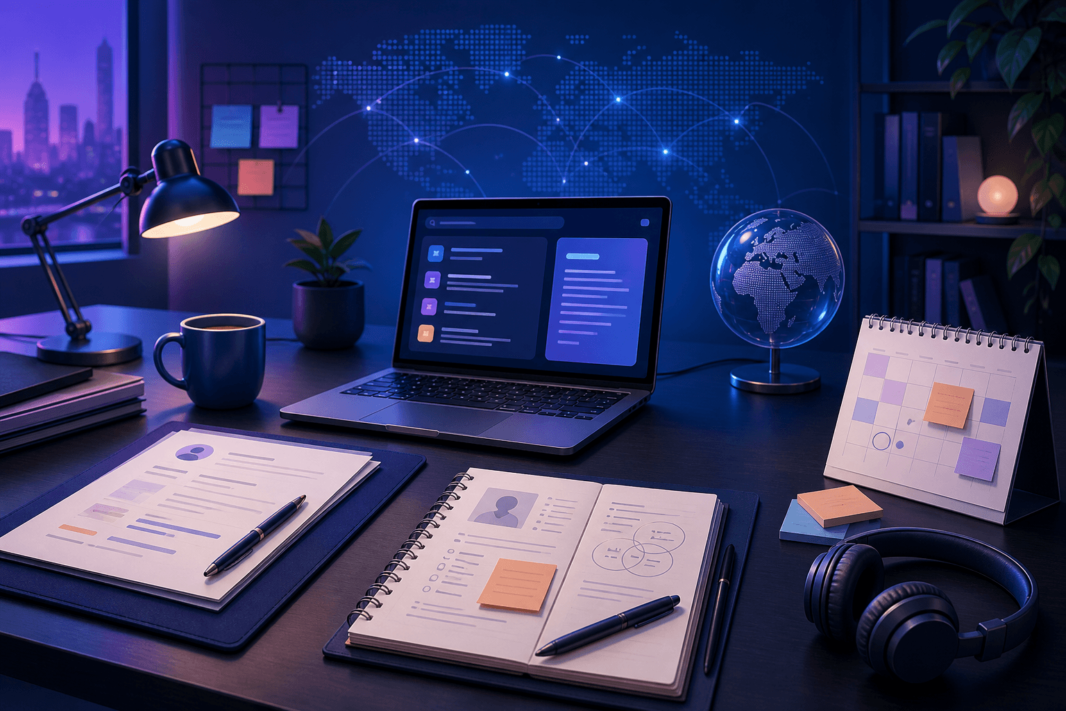 Editorial illustration for a Lenovo hiring guide showing a global job search dashboard, laptop, resume, interview notes, and abstract network graphics in dark blue and violet tones.