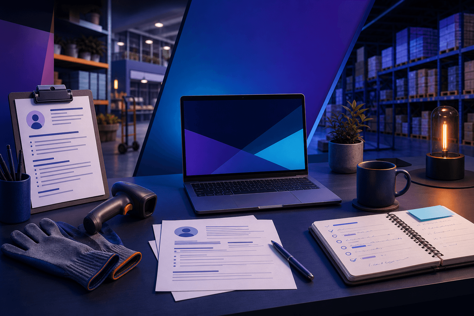 Editorial illustration of a job seeker preparing for a Lowe’s application, interview notes, resume pages, and retail and warehouse tools on a modern desk.
