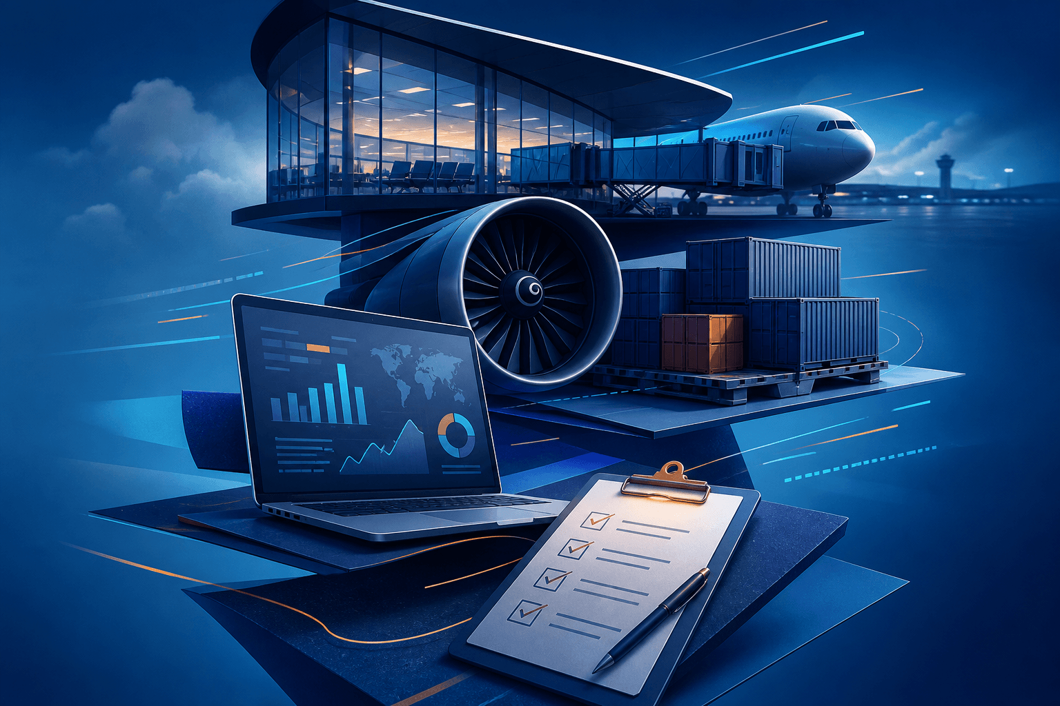 Editorial illustration for a Lufthansa Group hiring guide showing aviation, logistics, and office work objects in a dark blue and cyan visual style.