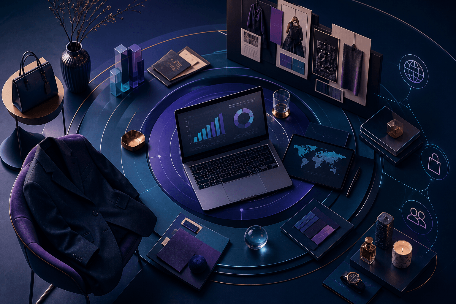 Editorial illustration for a guide on how to get a job at LVMH, showing luxury retail, merchandising, and digital hiring themes.
