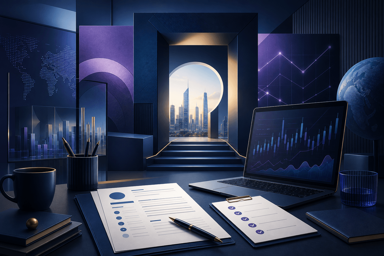 Modern editorial illustration for a guide on how to get a job at Macquarie Group, showing finance and technology work themes with resume, interview, and assessment motifs.