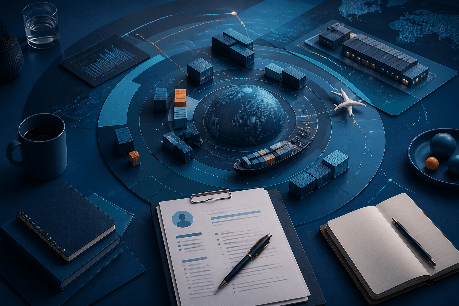 Editorial illustration for a guide on how to get a job at Maersk, showing logistics and career preparation elements without branding.