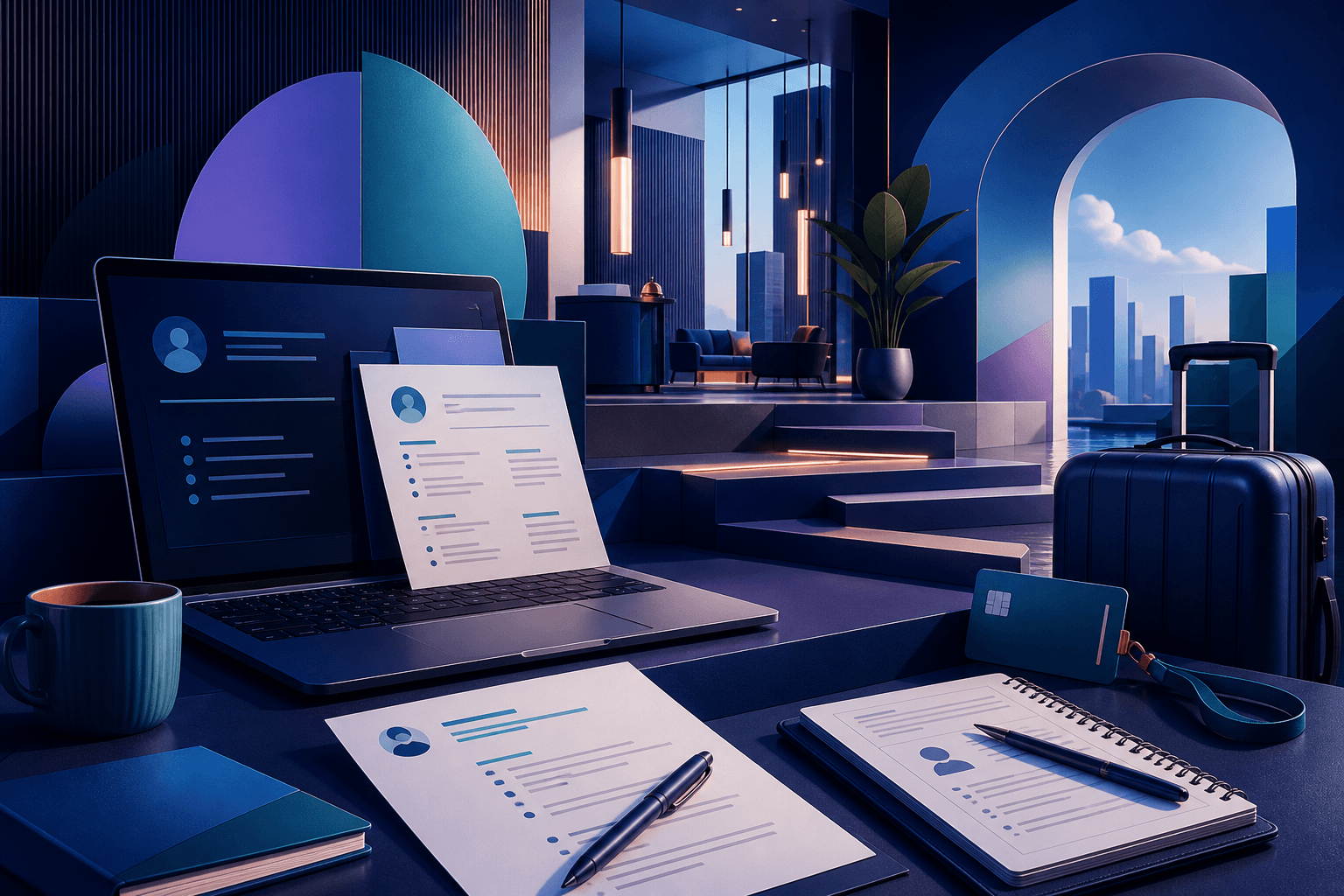 Editorial illustration for a guide on how to get a job at Marriott International, showing a hospitality workplace, resume documents, interview prep materials, and travel-themed office objects.
