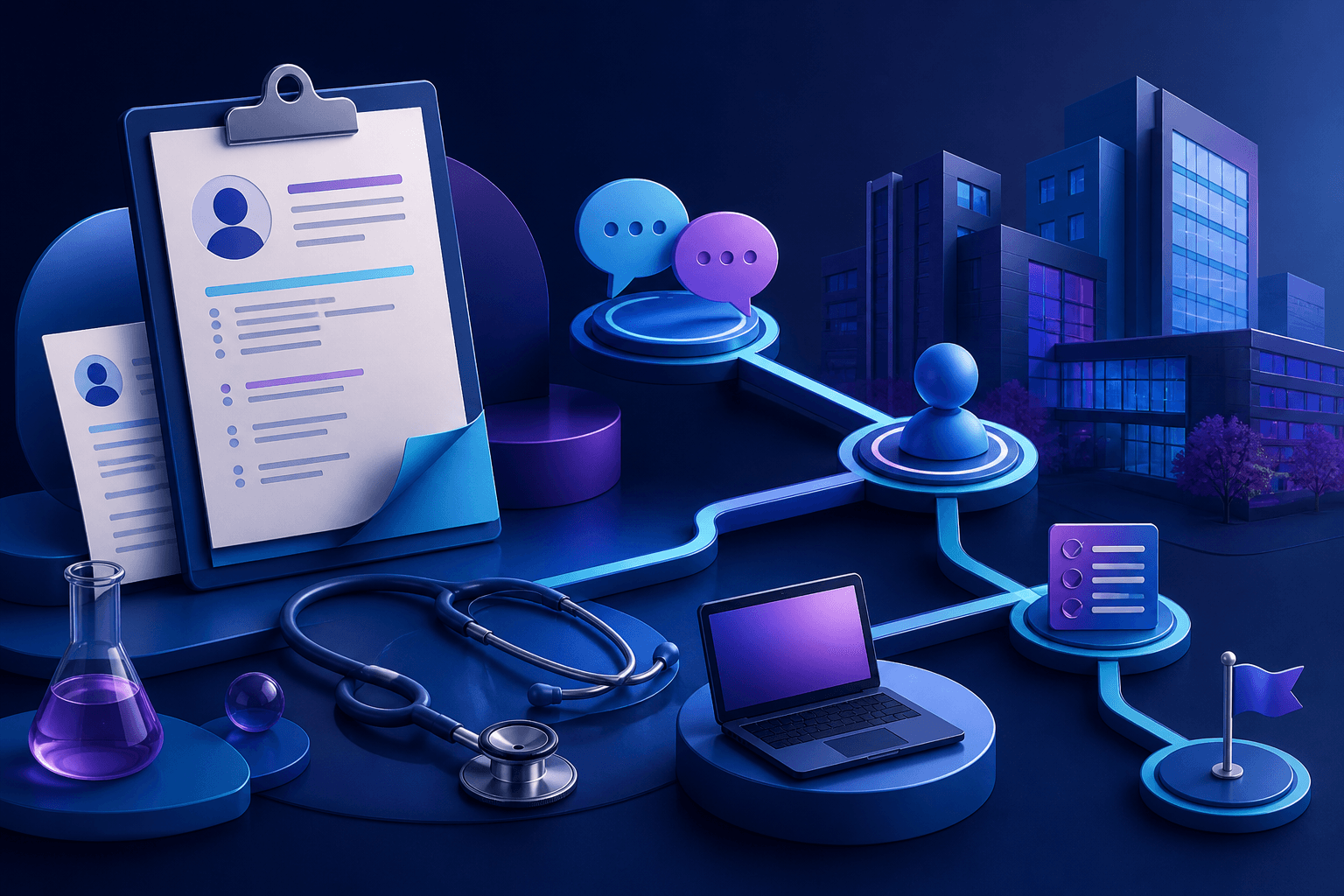 Editorial illustration for a guide on how to get a job at Mayo Clinic, showing a healthcare hiring pathway with abstract hospital, research, and interview symbols.