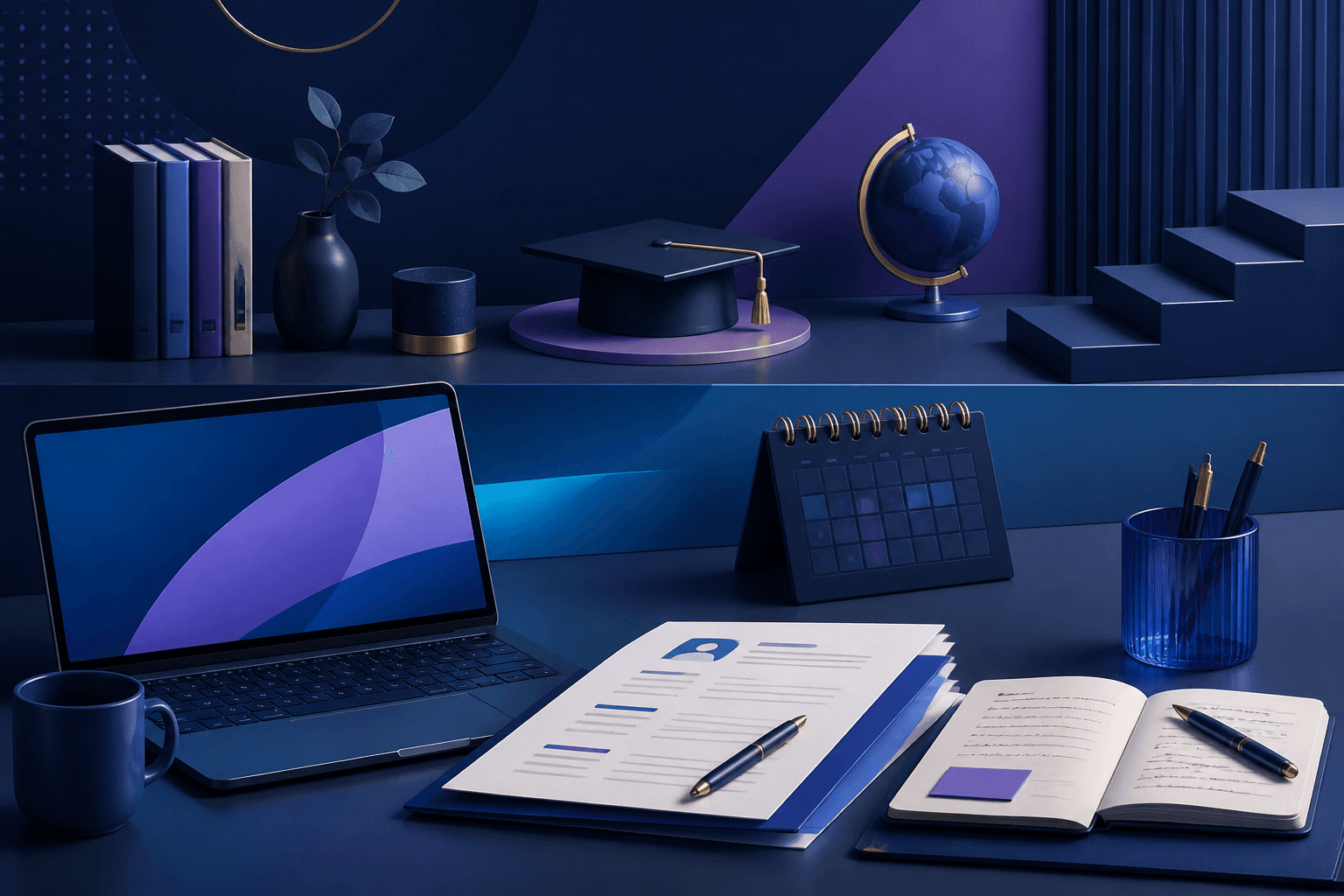Editorial illustration for a guide on how to get a job at McGraw Hill, showing a modern workplace desk, resume documents, laptop, interview notes, and abstract education-themed shapes.