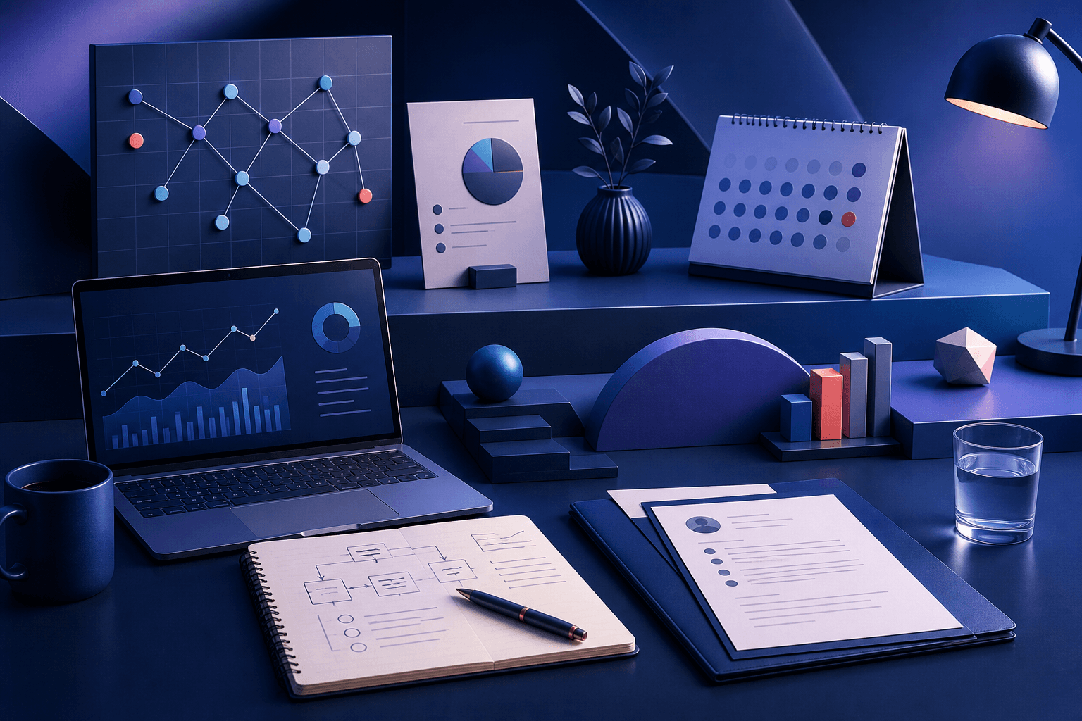 Editorial illustration for a McKinsey job application guide, showing a consulting workspace with charts, documents, and interview prep materials in dark blue and cyan tones.