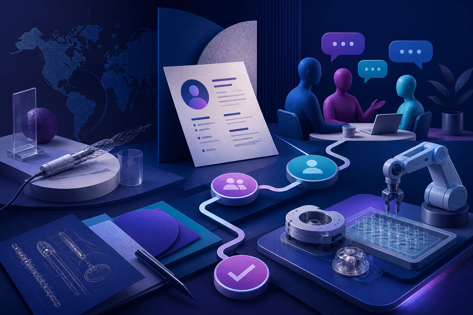 Editorial illustration for a Medtronic hiring guide, showing a healthcare and life sciences workspace with abstract tools, dashboards, and collaboration cues.