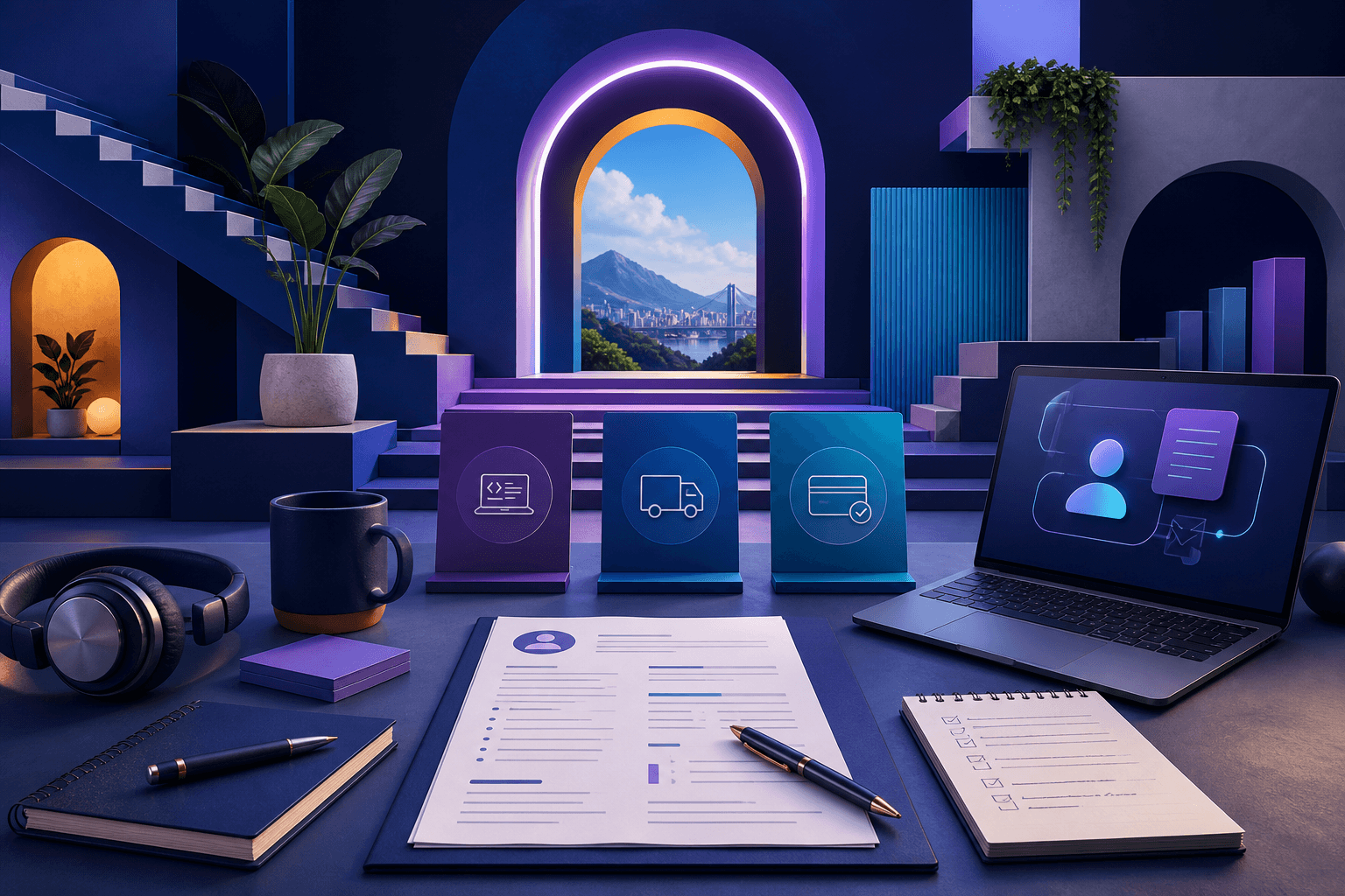 Editorial illustration for a guide on how to get a job at Mercado Libre, showing a candidate preparing a resume, interview notes, and role cards for tech, logistics, and fintech.