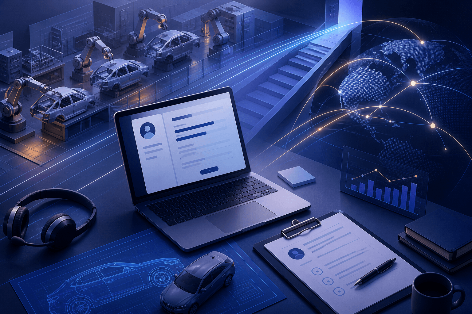 Editorial illustration for a job-seeker guide about applying to Mercedes-Benz Group, showing a modern office and manufacturing theme.