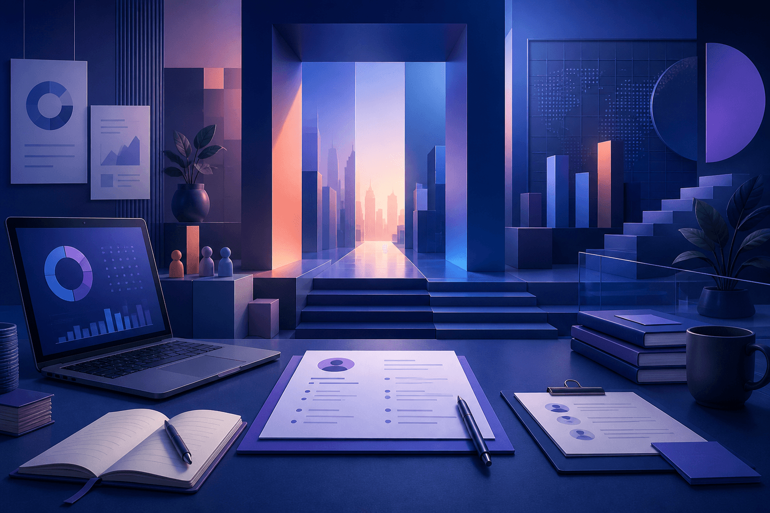 Editorial illustration for a guide on how to get a job at Mercer, showing consulting, data, and career-prep themes in a modern workplace scene.