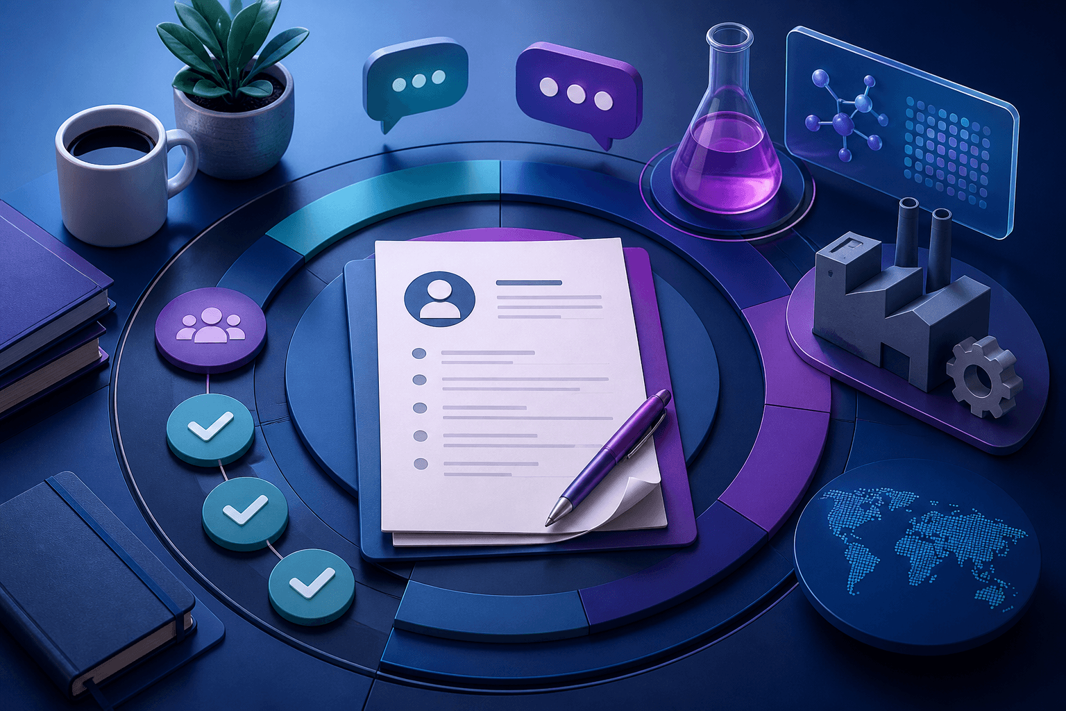 Editorial illustration for a guide on getting hired at Merck & Co., showing a modern workplace and hiring workflow concepts