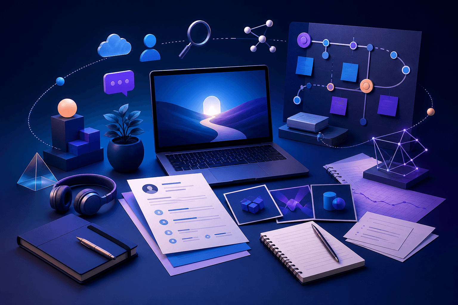 Editorial illustration for a guide on getting hired at Meta, showing a candidate preparing application materials and interview notes in a modern tech workspace.