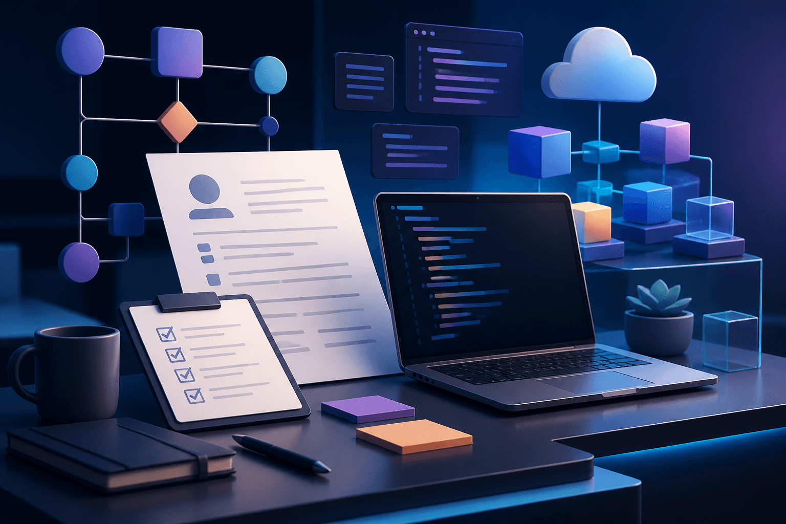 Modern editorial illustration for a guide on getting hired at Microsoft, with a candidate preparing a resume, interview notes, and a laptop in a dark blue, violet, and cyan workspace.