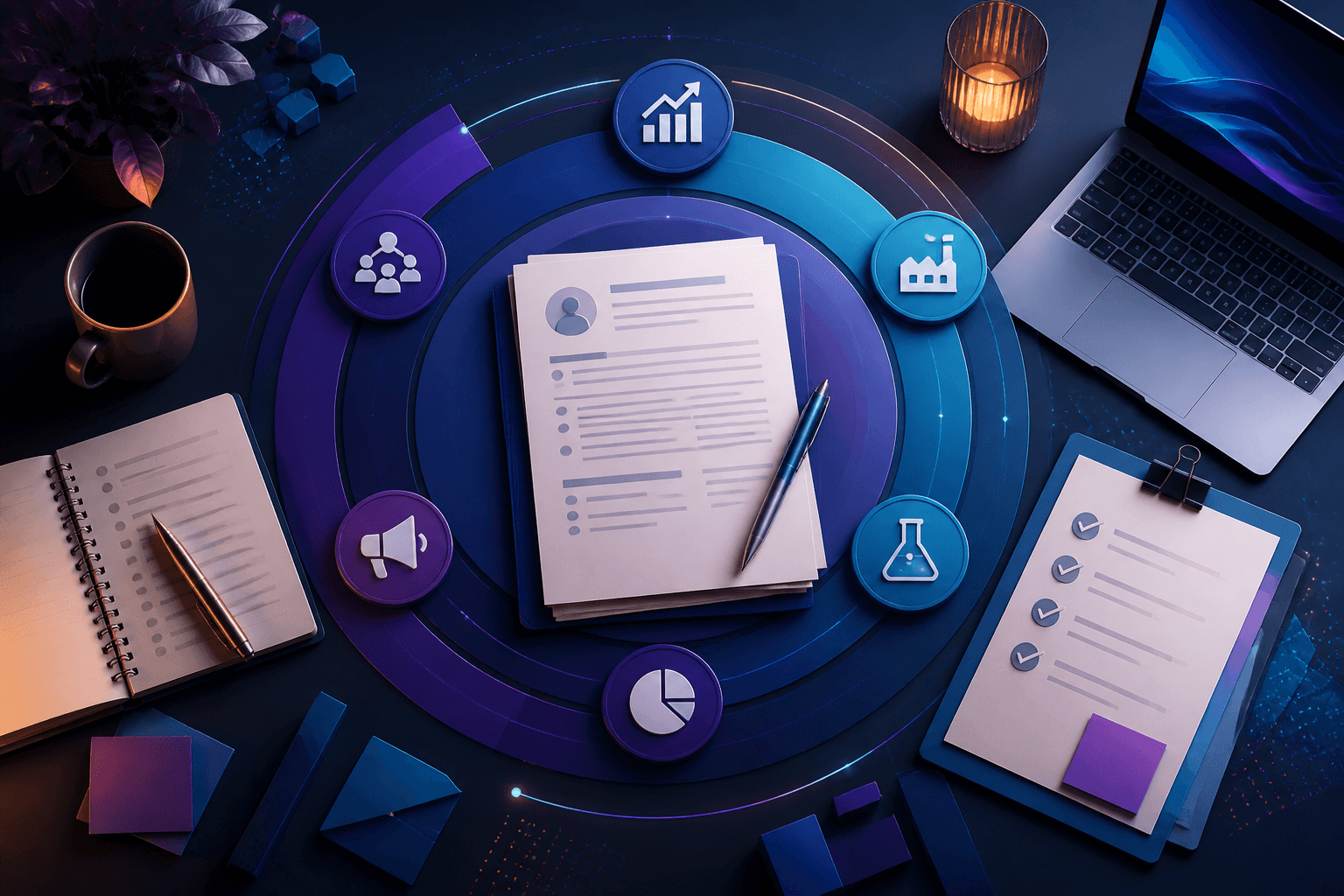 Editorial illustration for a guide on how to get a job at Mondelez International, showing a candidate workspace with resume documents, interview notes, and hiring process icons in a dark blue and violet style.