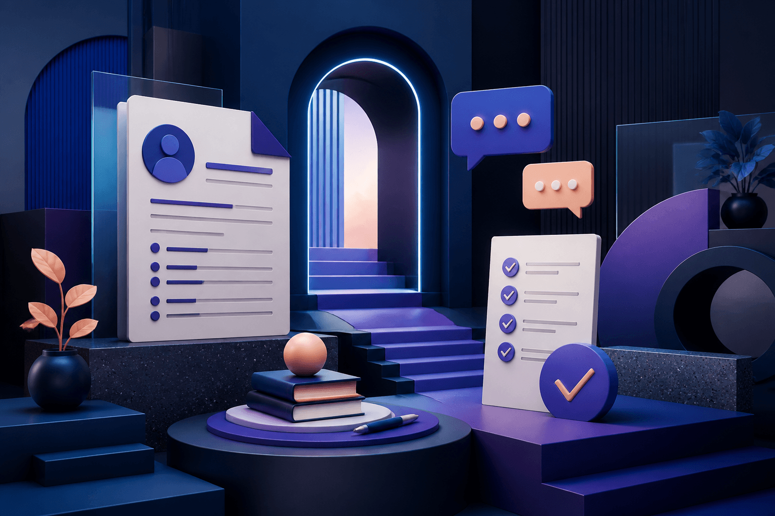 Editorial illustration for a guide on how to get a job at MongoDB, showing a modern hiring workflow with resume, interview, and team collaboration symbols in a dark blue and violet palette.
