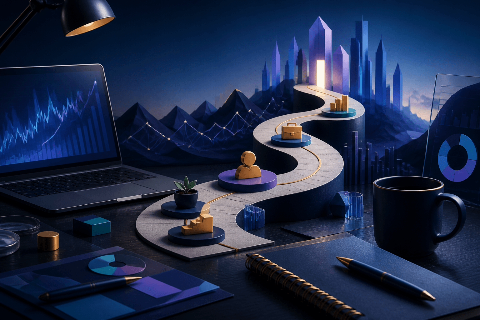 Editorial illustration for a Morgan Stanley hiring guide with finance workspace objects, abstract charts, and a dark blue, violet, and cyan theme.