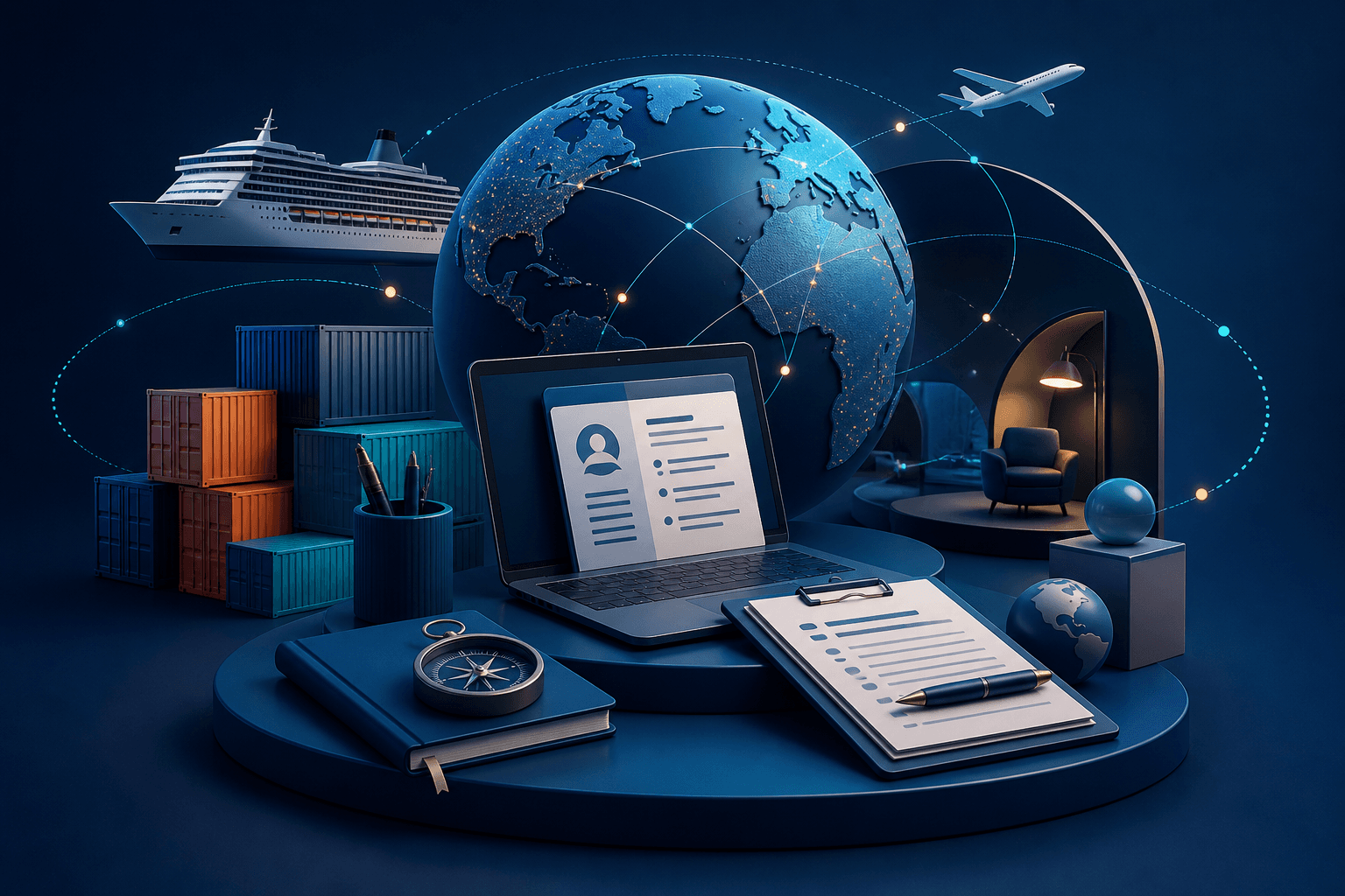 Editorial illustration for a guide on how to get a job at MSC, showing global logistics, cruise, and workplace themes.