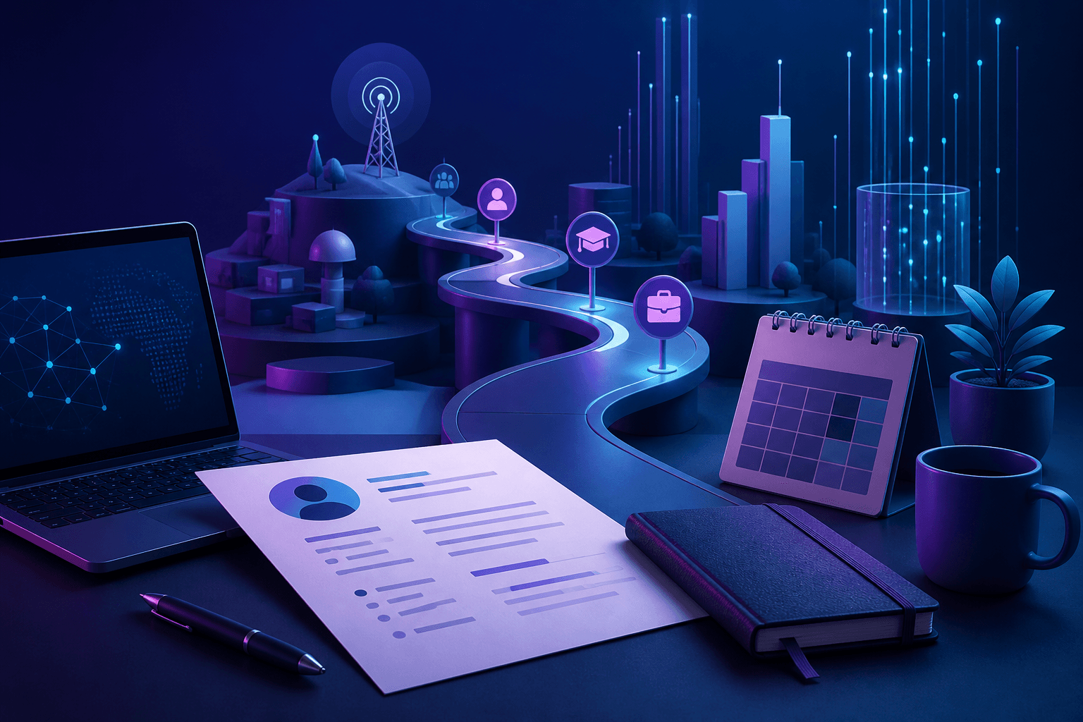 Editorial illustration for a guide on how to get a job at MTN Group, showing a job seeker workspace with a resume, laptop, notebook, network nodes, and abstract telecom imagery.