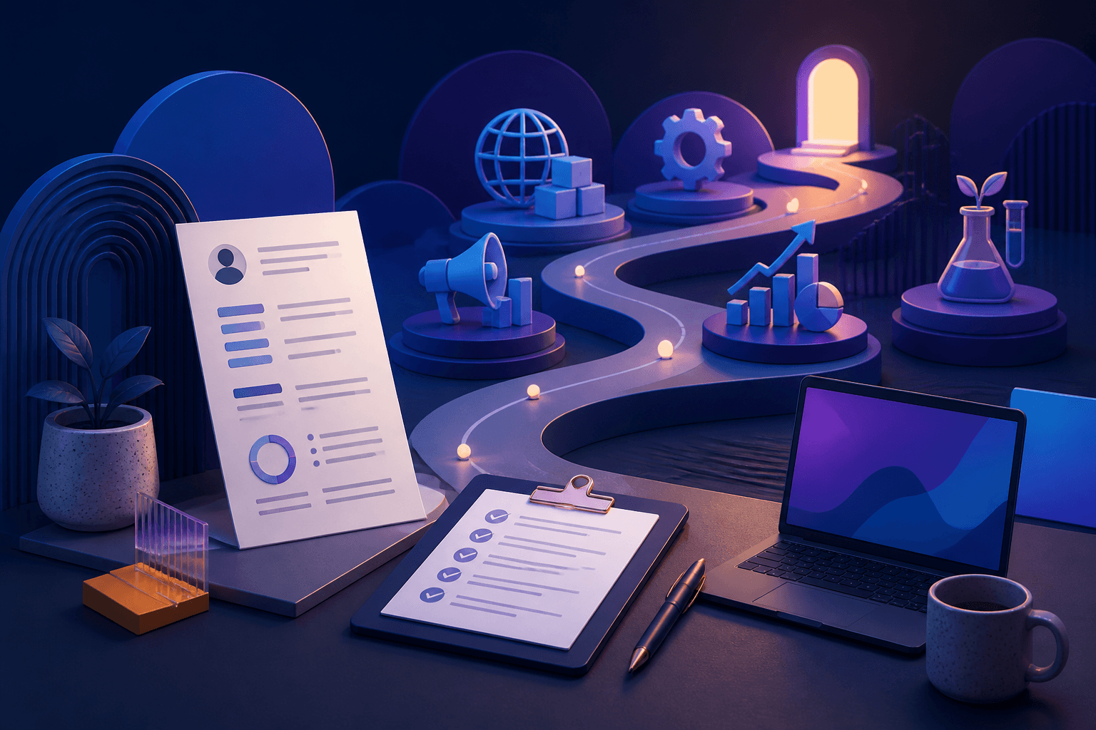 Modern editorial illustration for a guide on how to get a job at Nestle, showing a resume, interview notes, and workplace symbols in a dark blue, violet, and cyan palette.