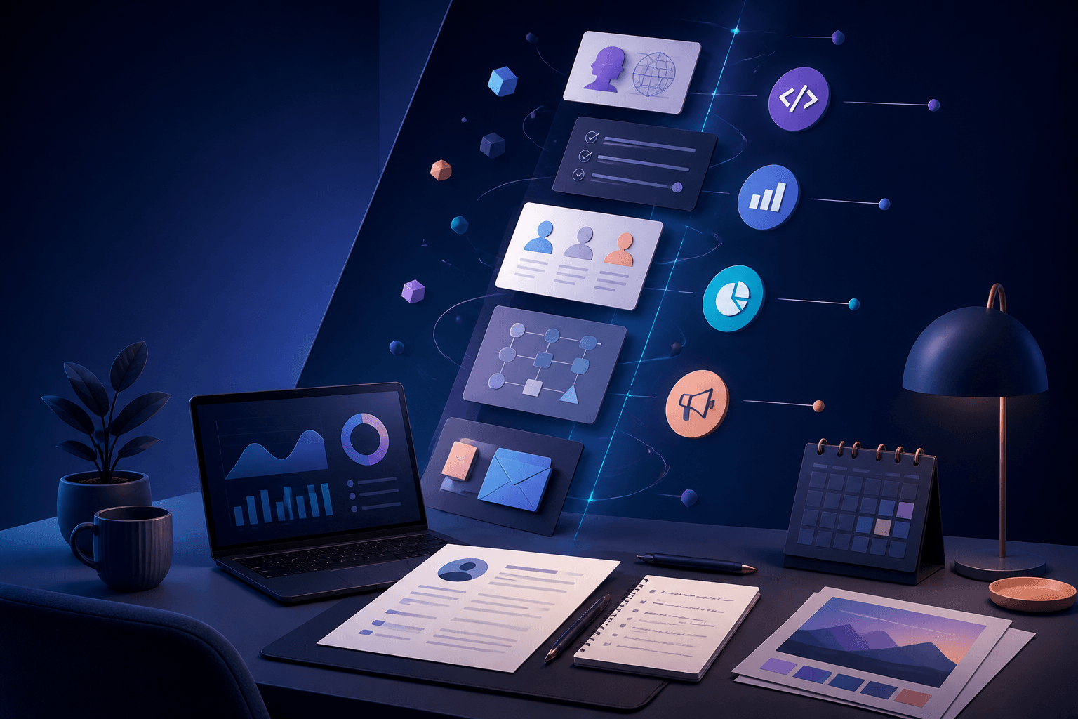 Modern editorial illustration of a job seeker preparing for a Netflix application guide, with abstract workplace icons, resume pages, interview notes, and a dark blue, violet, and cyan palette.