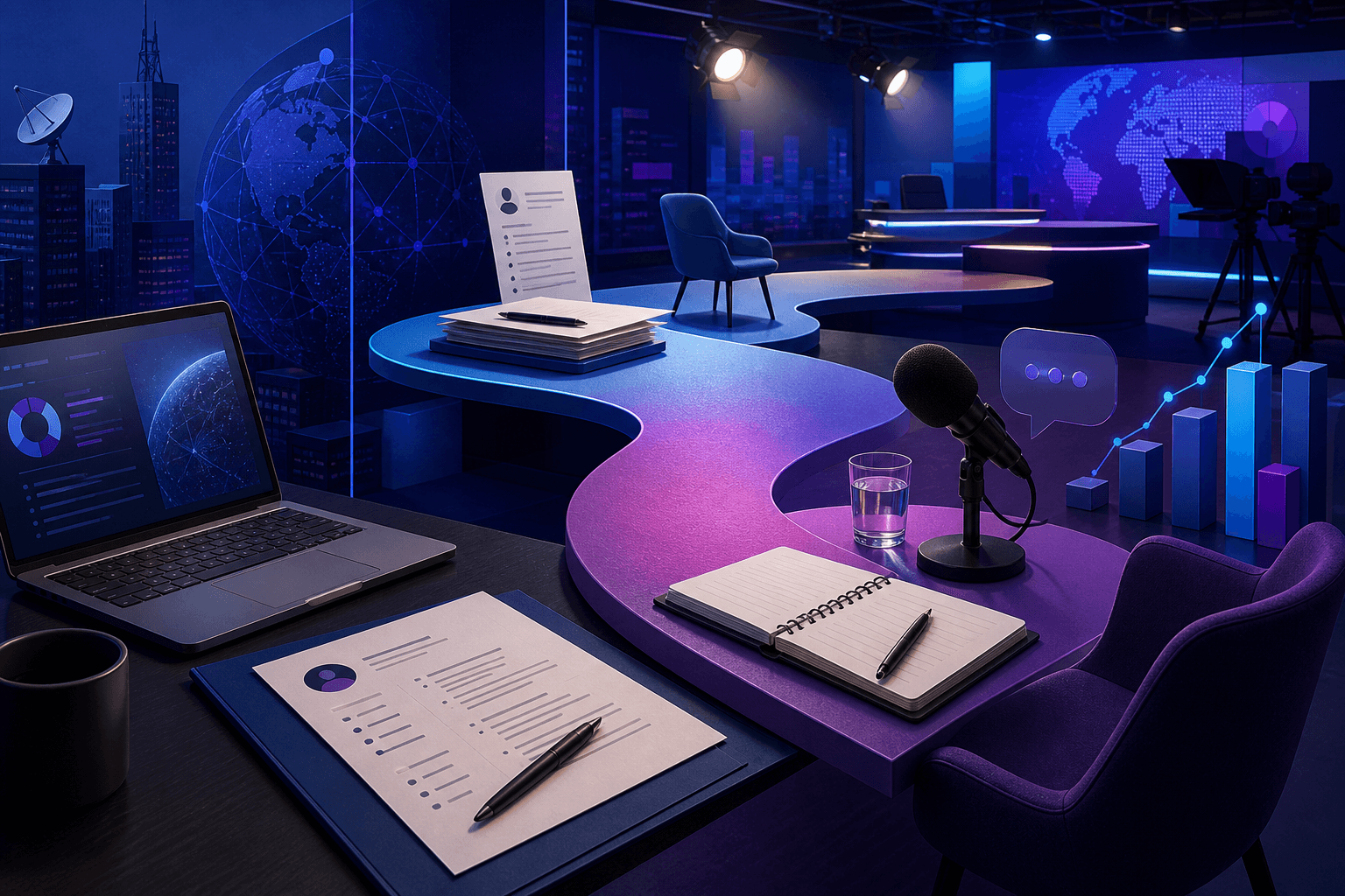 Editorial illustration for a guide on how to get a job at News Corp, showing a resume, interview notes, and workplace symbols in a dark blue, violet, and cyan palette.