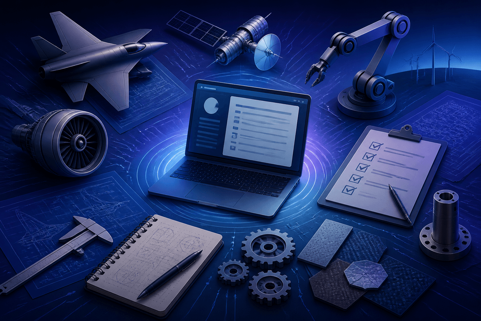 Editorial illustration for a guide on how to get a job at Northrop Grumman, showing a modern workplace concept with engineering and manufacturing elements.