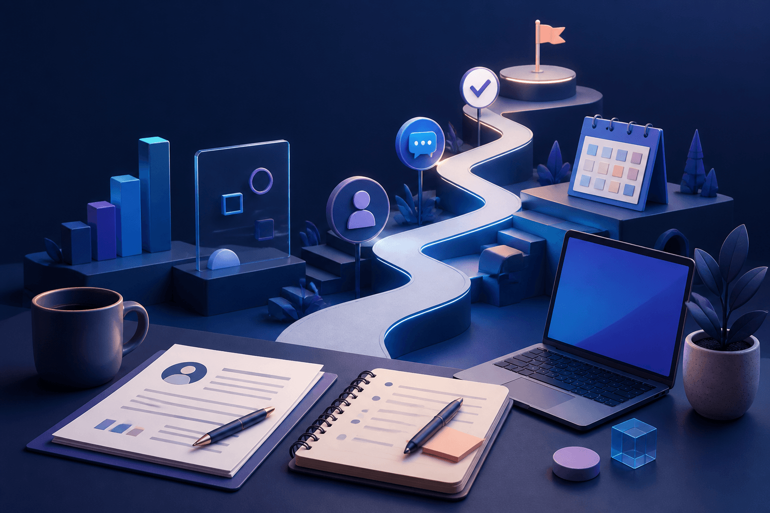 Editorial illustration for a guide on how to get a job at Notion, showing a modern desk setup, interview notes, resume sheets, and abstract workplace elements in a dark blue and violet palette.