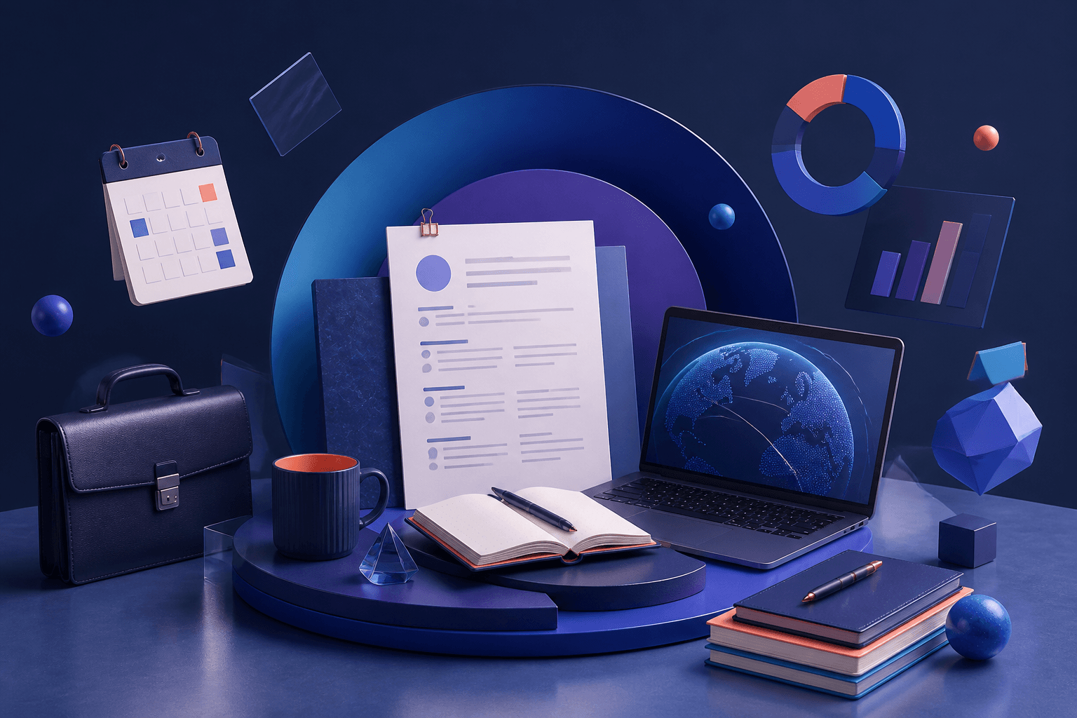 Editorial illustration for a guide on how to get a job at NTT DATA, showing a job seeker portfolio, interview notes, and modern office-themed abstract elements.