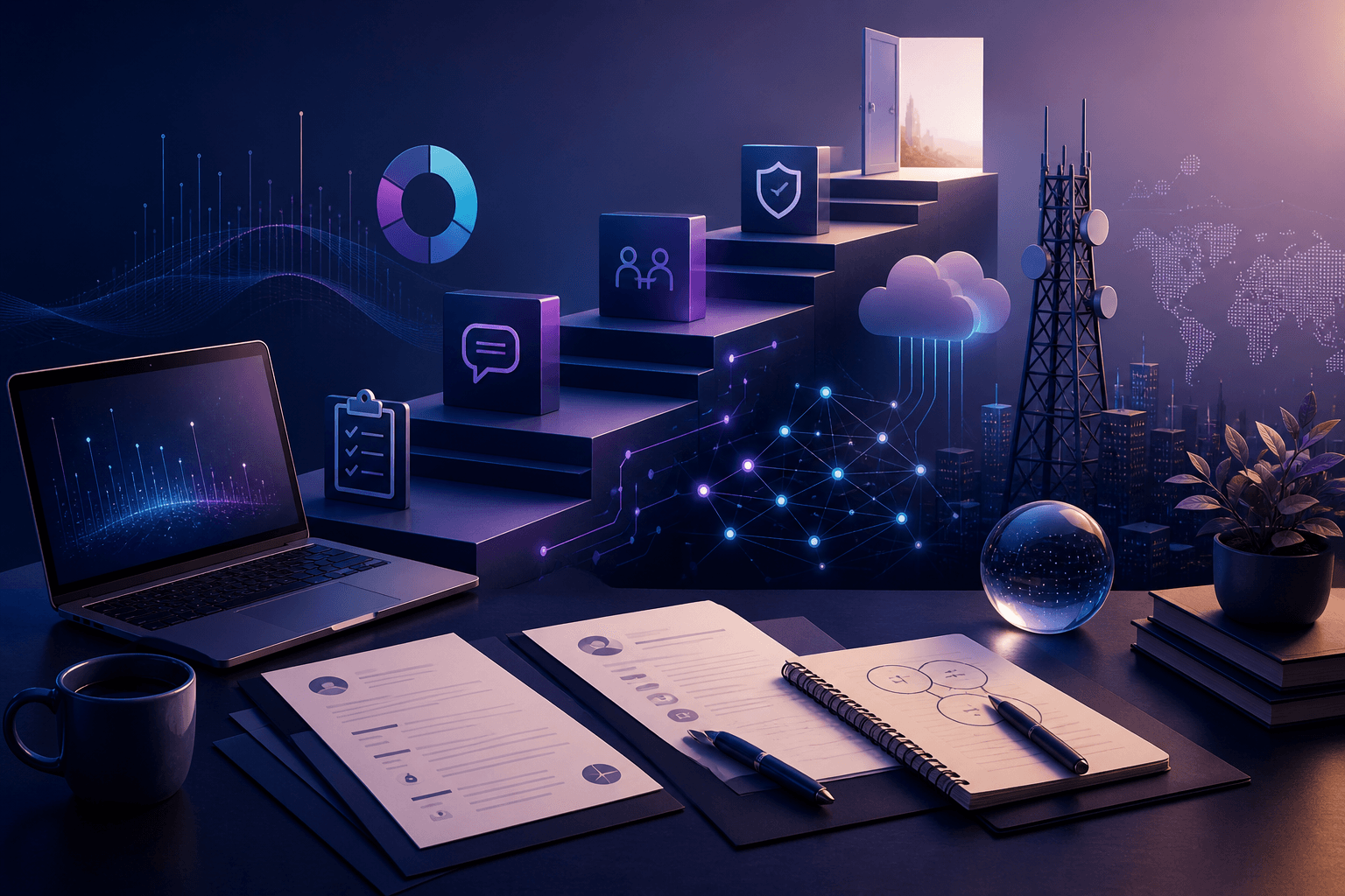 Editorial illustration for a guide on how to get a job at NTT, showing a candidate workspace with resume pages, network diagrams, cloud icons, and interview prep materials in a dark blue and cyan style.