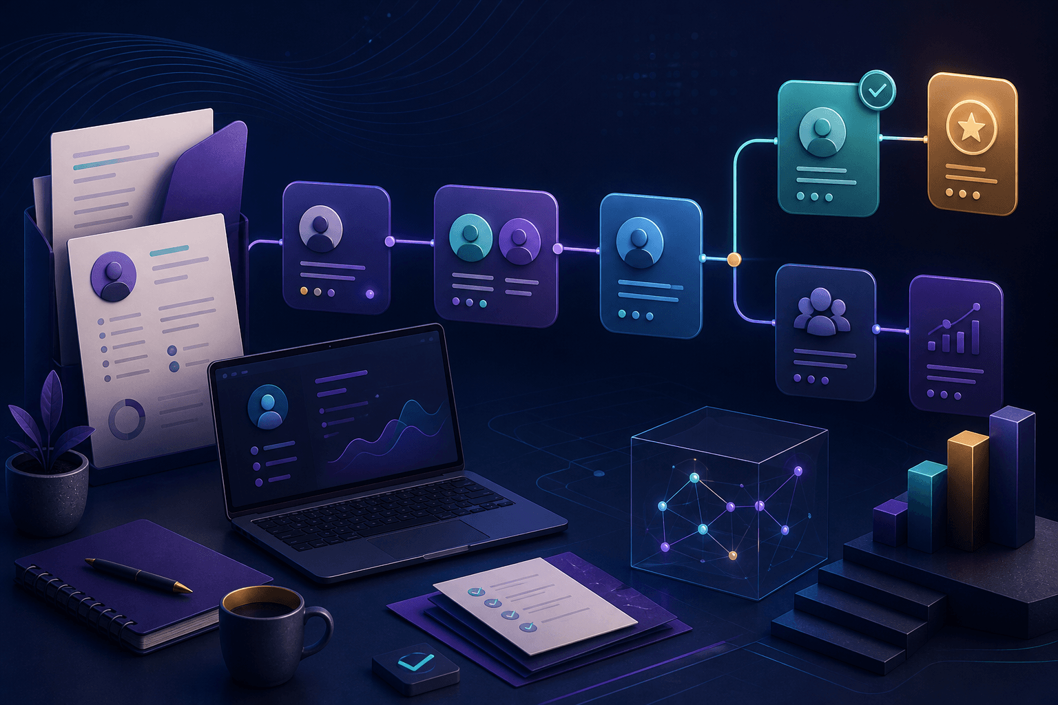 Editorial illustration for a guide on how to get a job at Nubank, showing a modern hiring workflow with laptop, checklist, interview chat bubbles, and abstract fintech shapes.